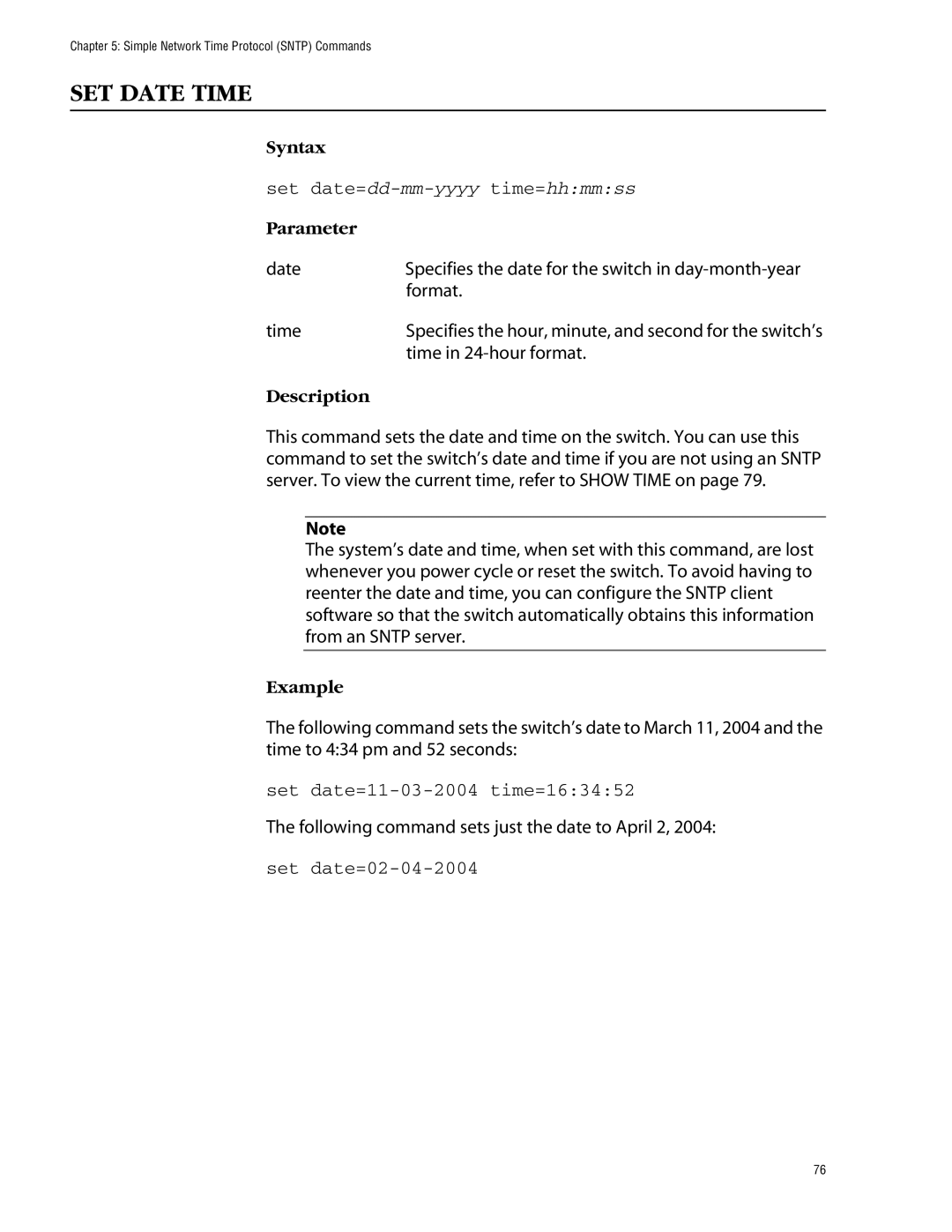 Allied Telesis management software layer 2+ fast ethernet switches manual SET Date Time, Time in 24-hour format 