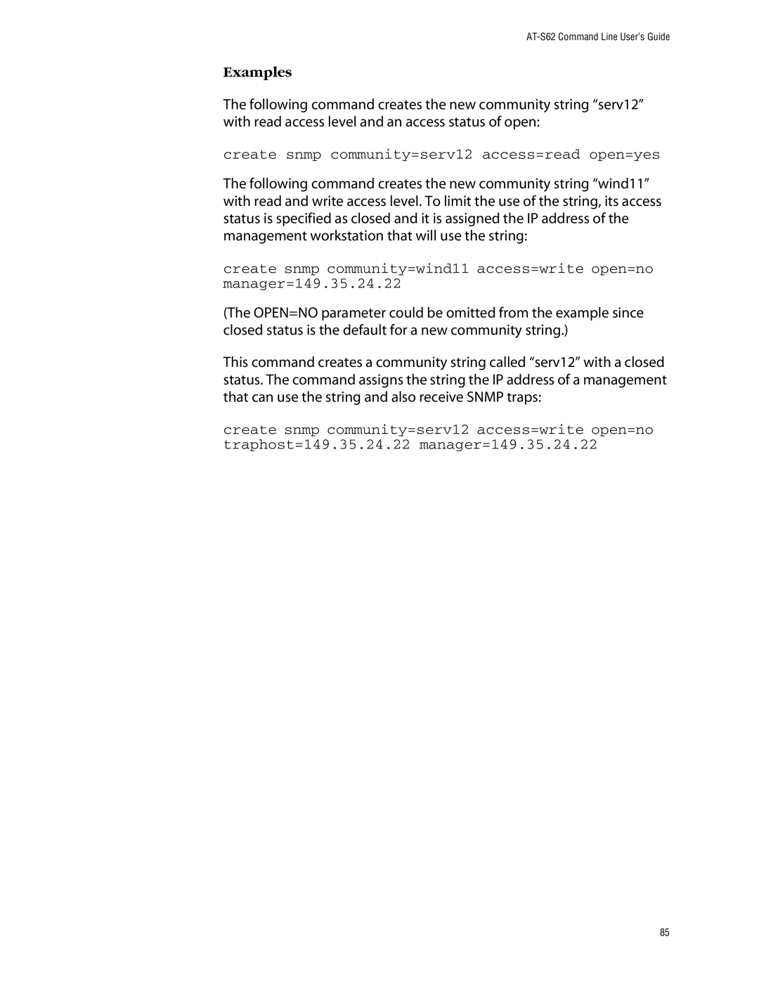 Allied Telesis management software layer 2+ fast ethernet switches manual Create snmp community=serv12 access=read open=yes 