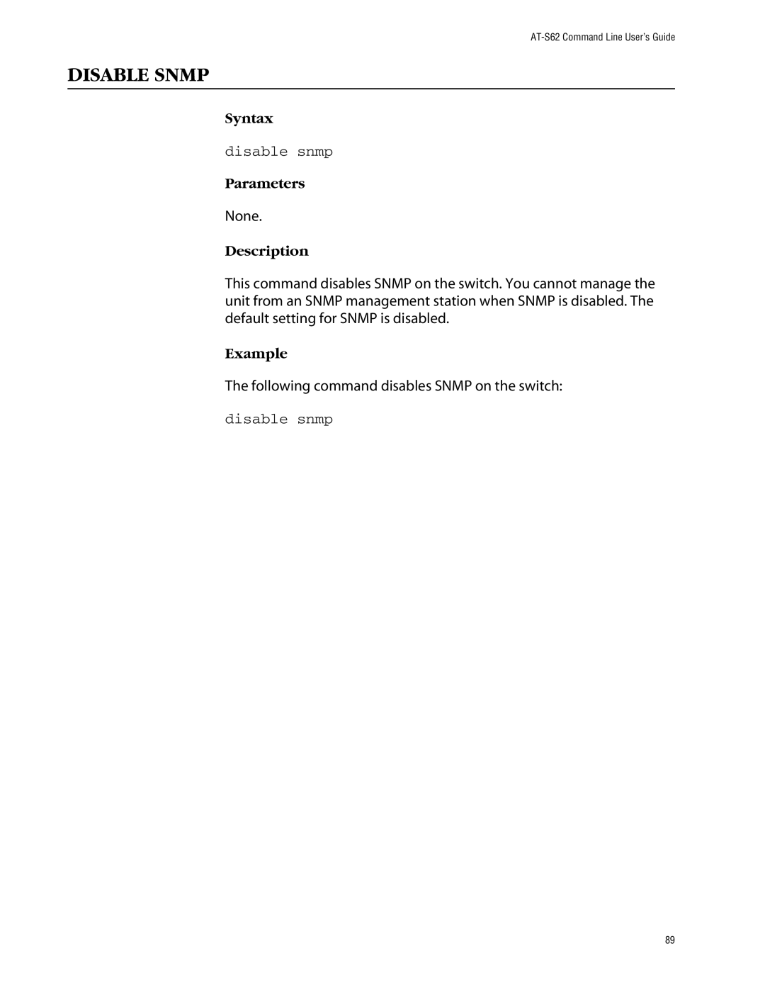 Allied Telesis management software layer 2+ fast ethernet switches manual Disable Snmp, Disable snmp 