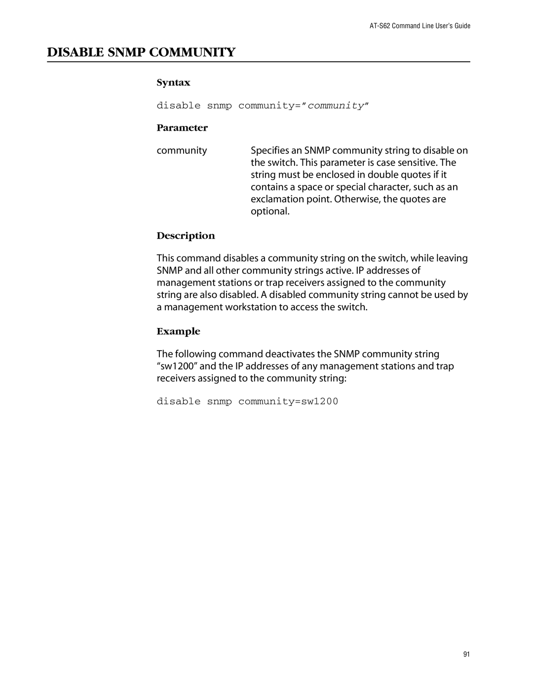 Allied Telesis management software layer 2+ fast ethernet switches Disable Snmp Community, Disable snmp community=sw1200 