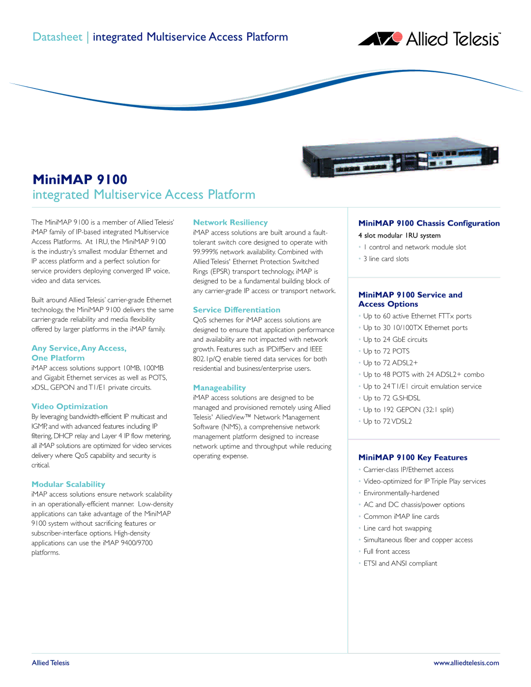 Allied Telesis MiniMAP 9100 manual Any Service,Any Access One Platform, Video Optimization, Modular Scalability 