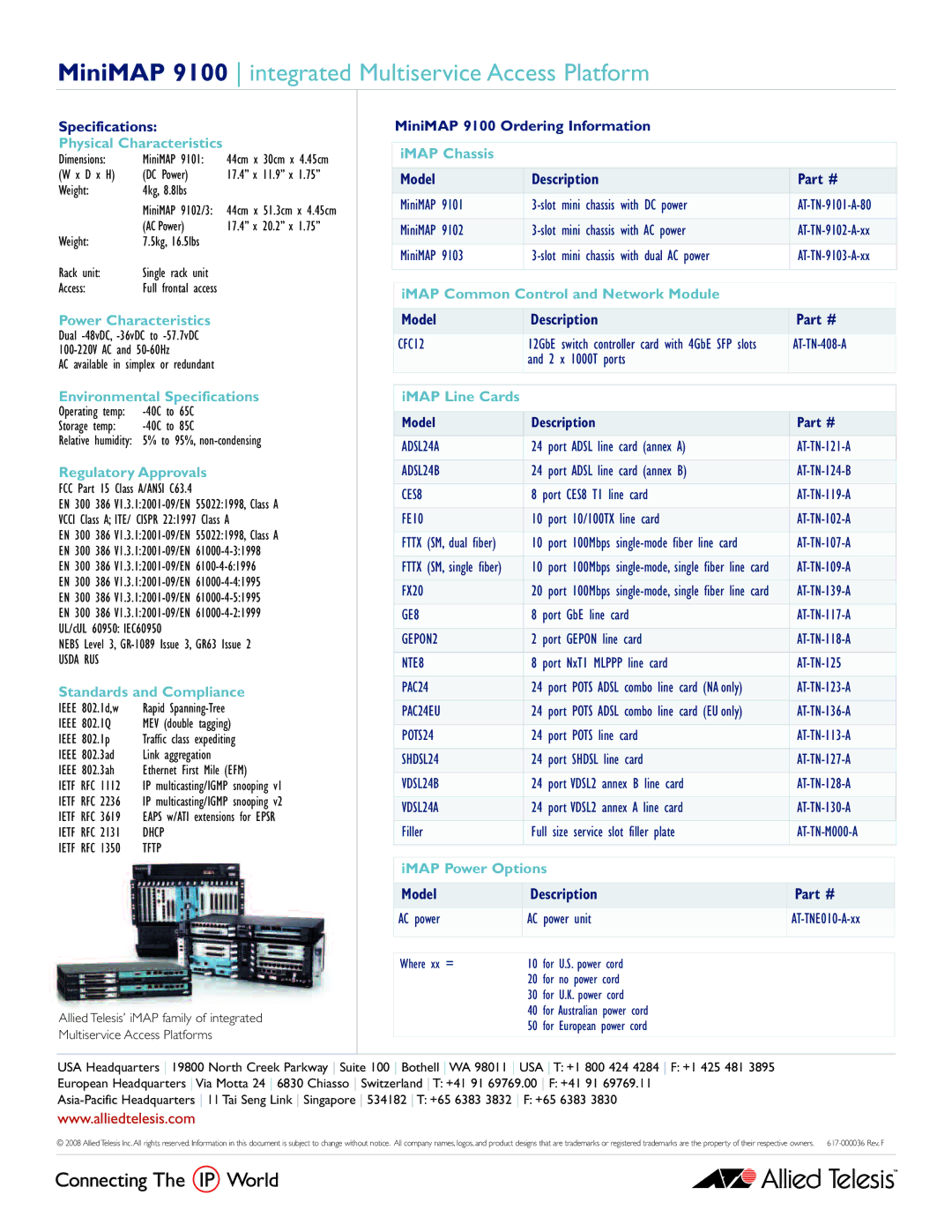 Allied Telesis MiniMAP 9100 Physical Characteristics, Power Characteristics, Environmental Specifications, IMAP Chassis 