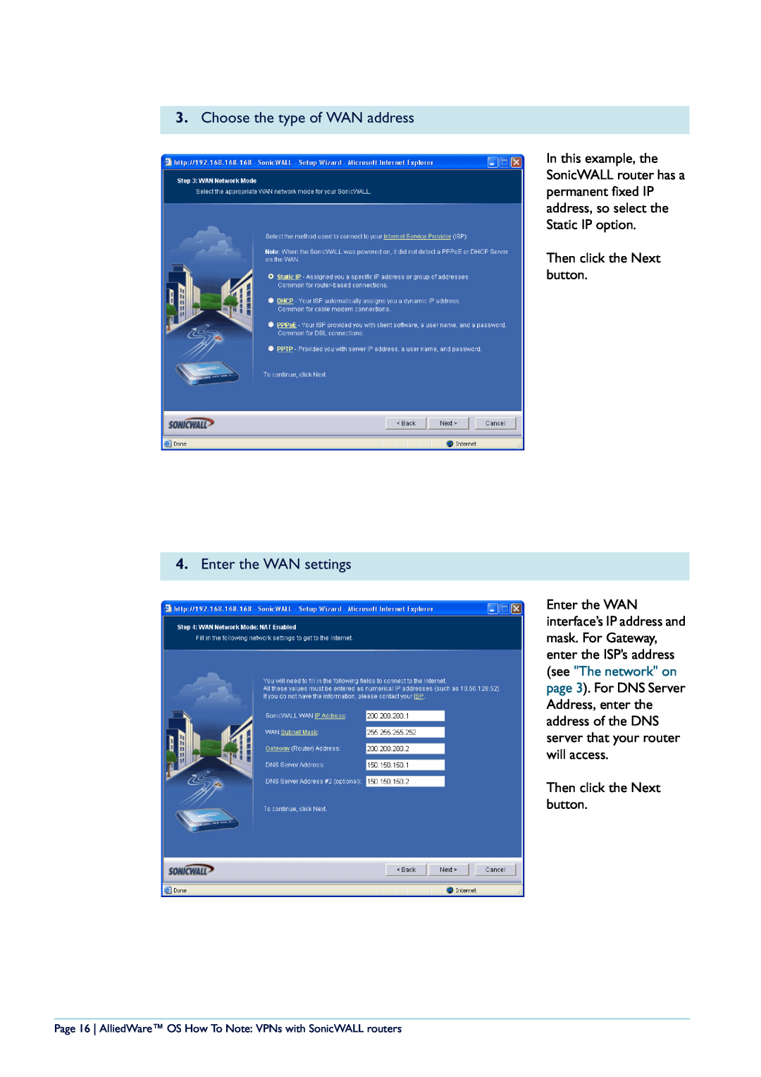 Allied Telesis NetScreen Routers manual Choose the type of WAN address, Enter the WAN settings 