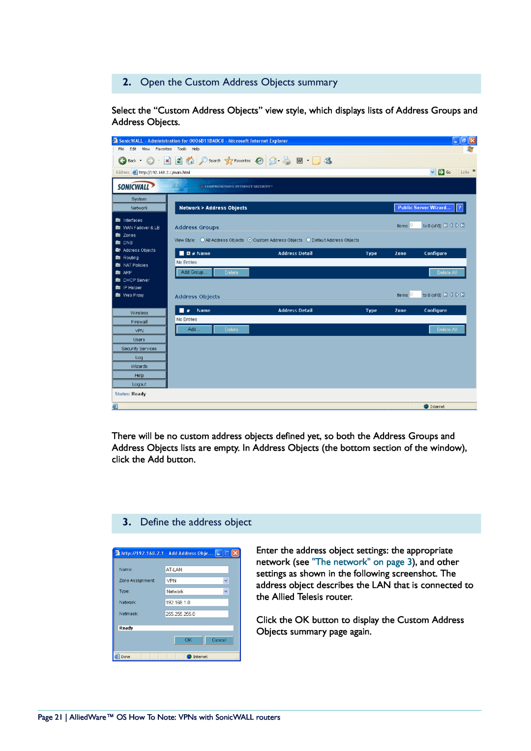 Allied Telesis NetScreen Routers manual Open the Custom Address Objects summary, Define the address object 