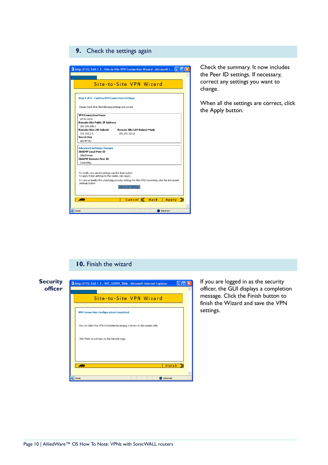 Allied Telesis NetScreen Routers manual Check the settings again, Finish the wizard 