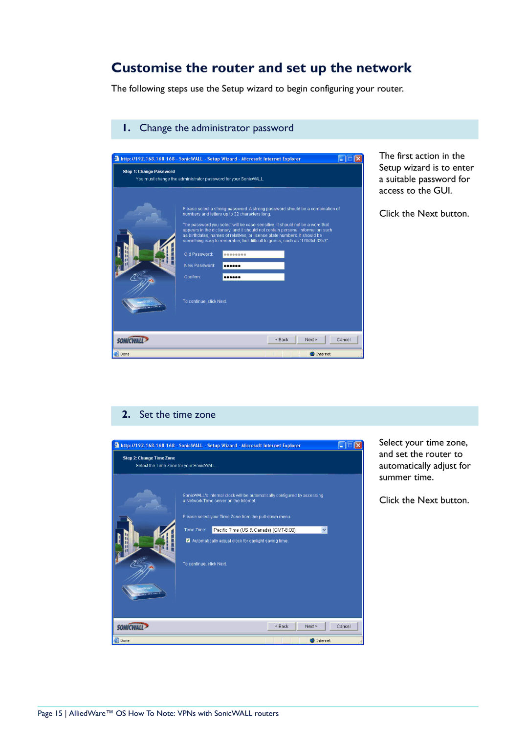 Allied Telesis NetScreen Routers manual Customise the router and set up the network, Change the administrator password 