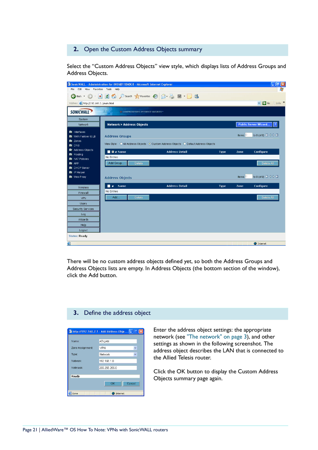 Allied Telesis NetScreen Routers manual Open the Custom Address Objects summary, Define the address object 