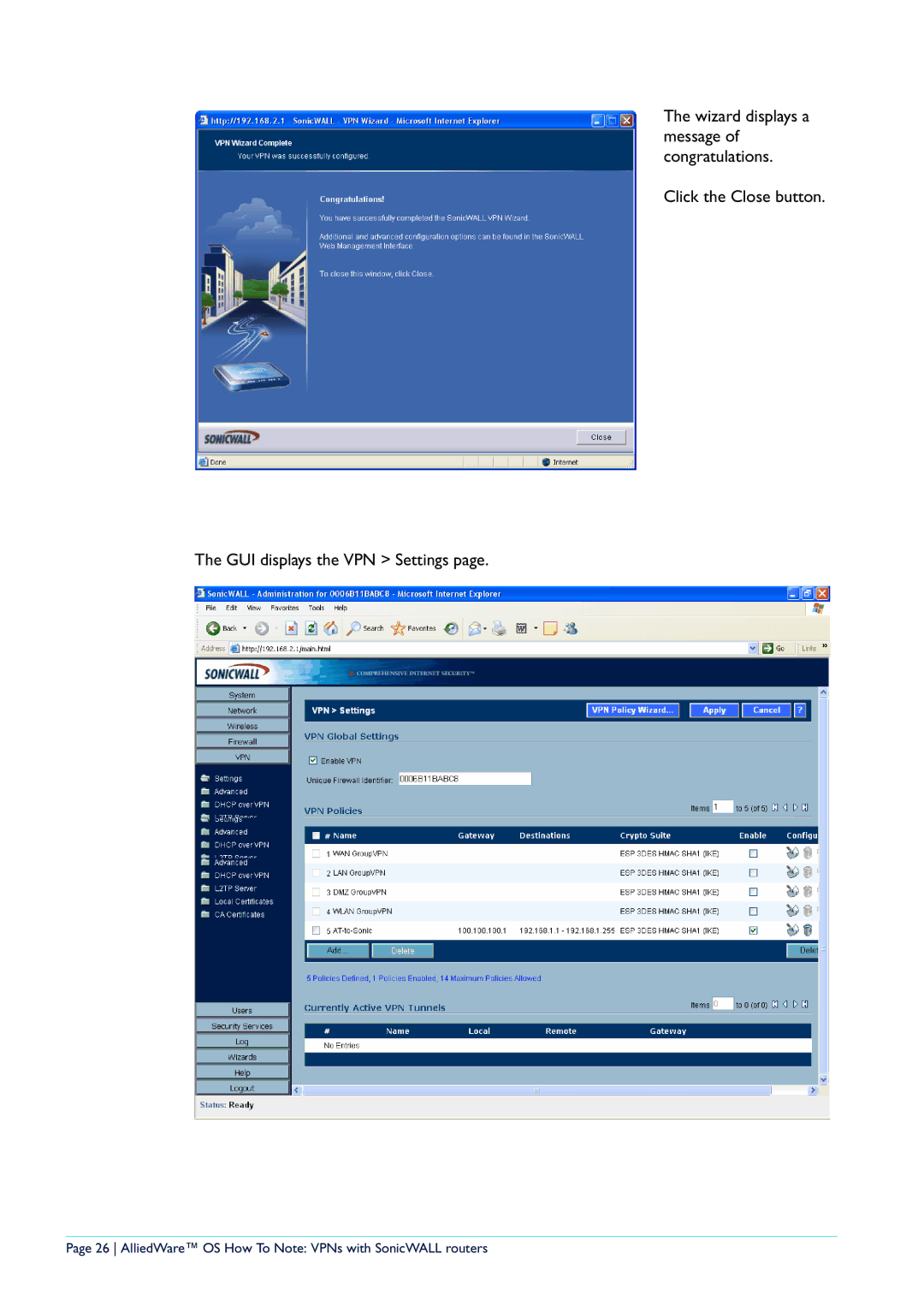 Allied Telesis NetScreen Routers manual AlliedWare OS How To Note VPNs with SonicWALL routers 