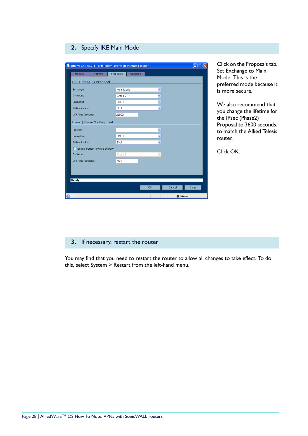 Allied Telesis NetScreen Routers manual Specify IKE Main Mode, If necessary, restart the router 