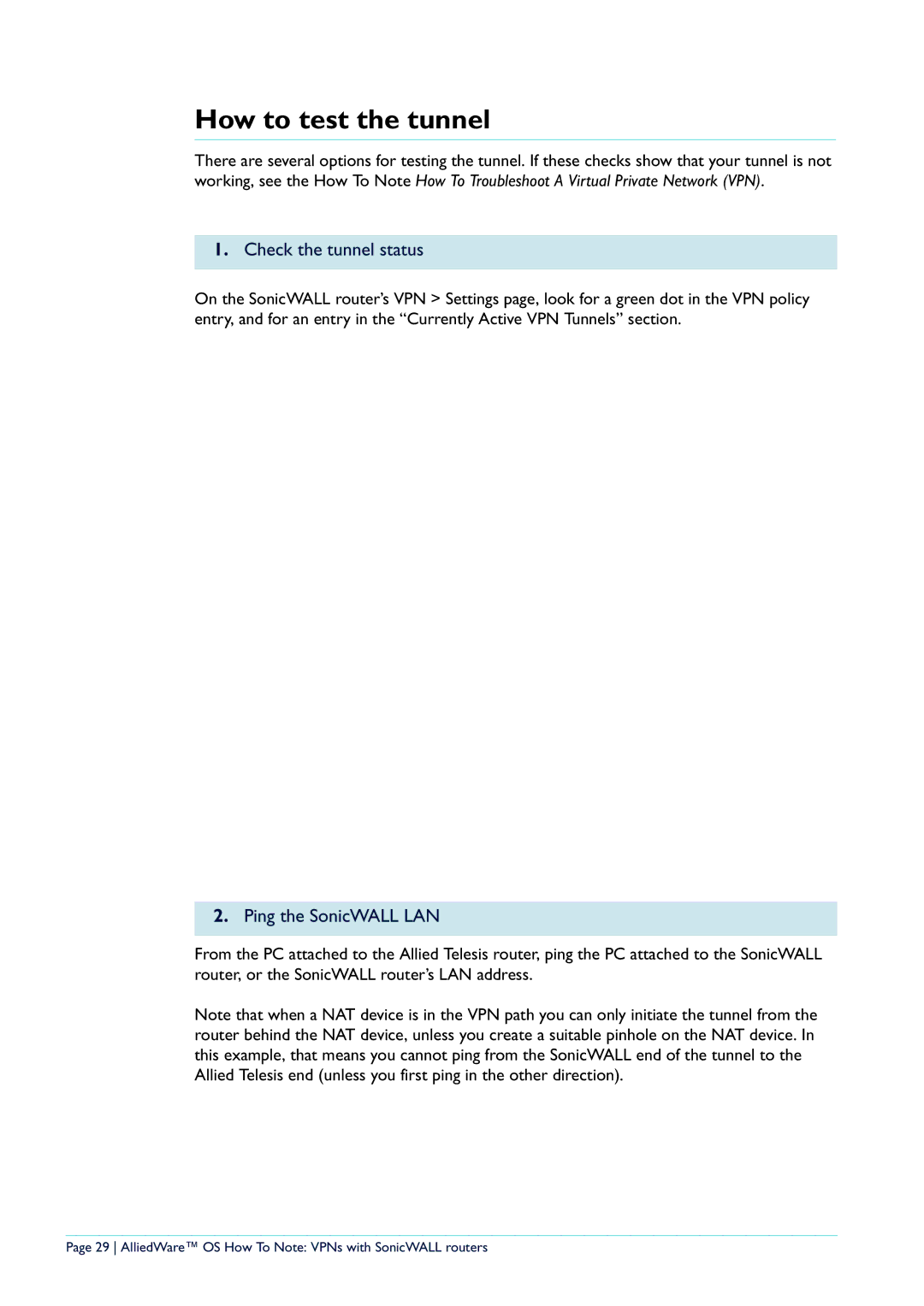 Allied Telesis NetScreen Routers manual How to test the tunnel, Check the tunnel status, Ping the SonicWALL LAN 