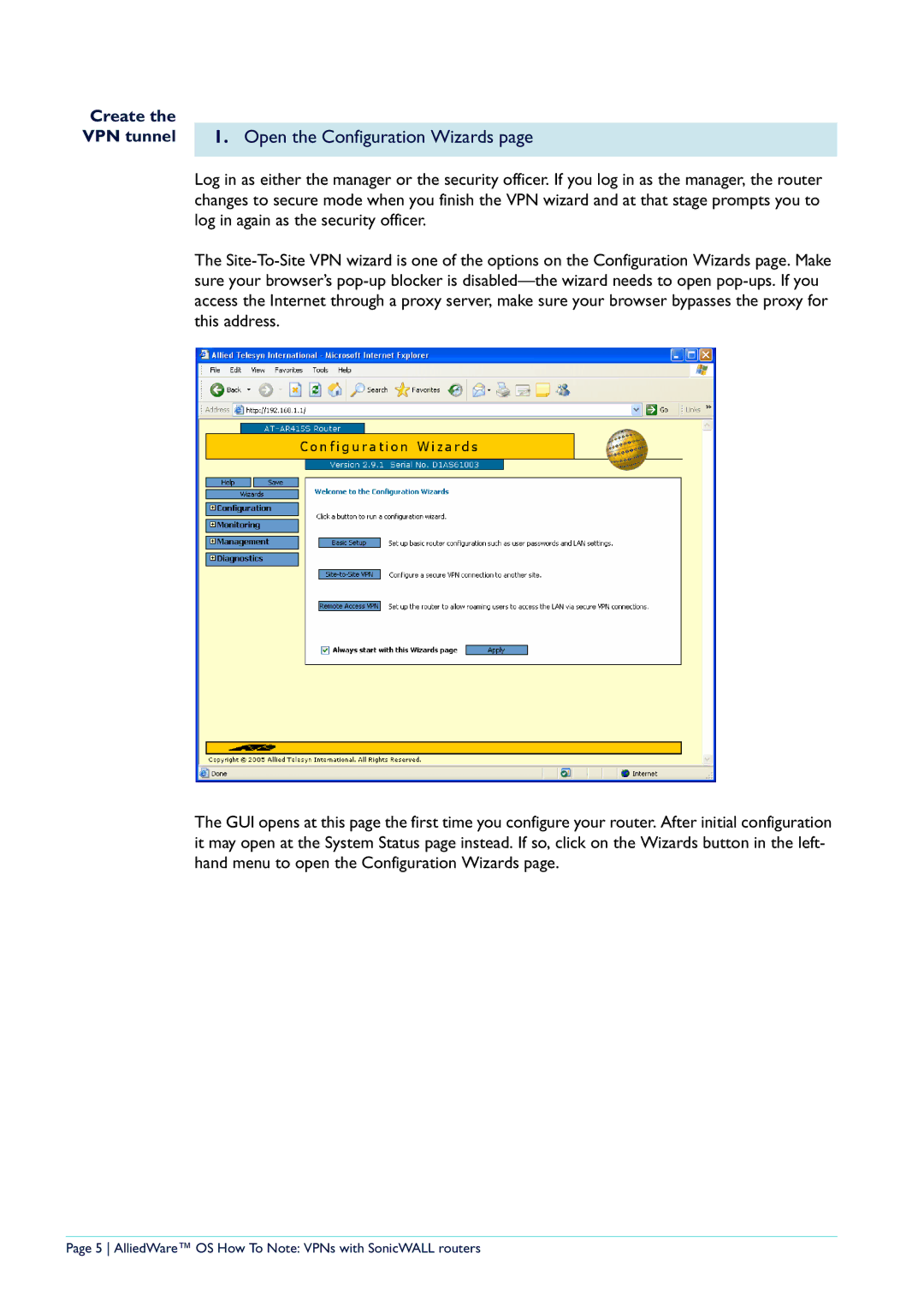 Allied Telesis NetScreen Routers manual VPN tunnel 1. Open the Configuration Wizards 