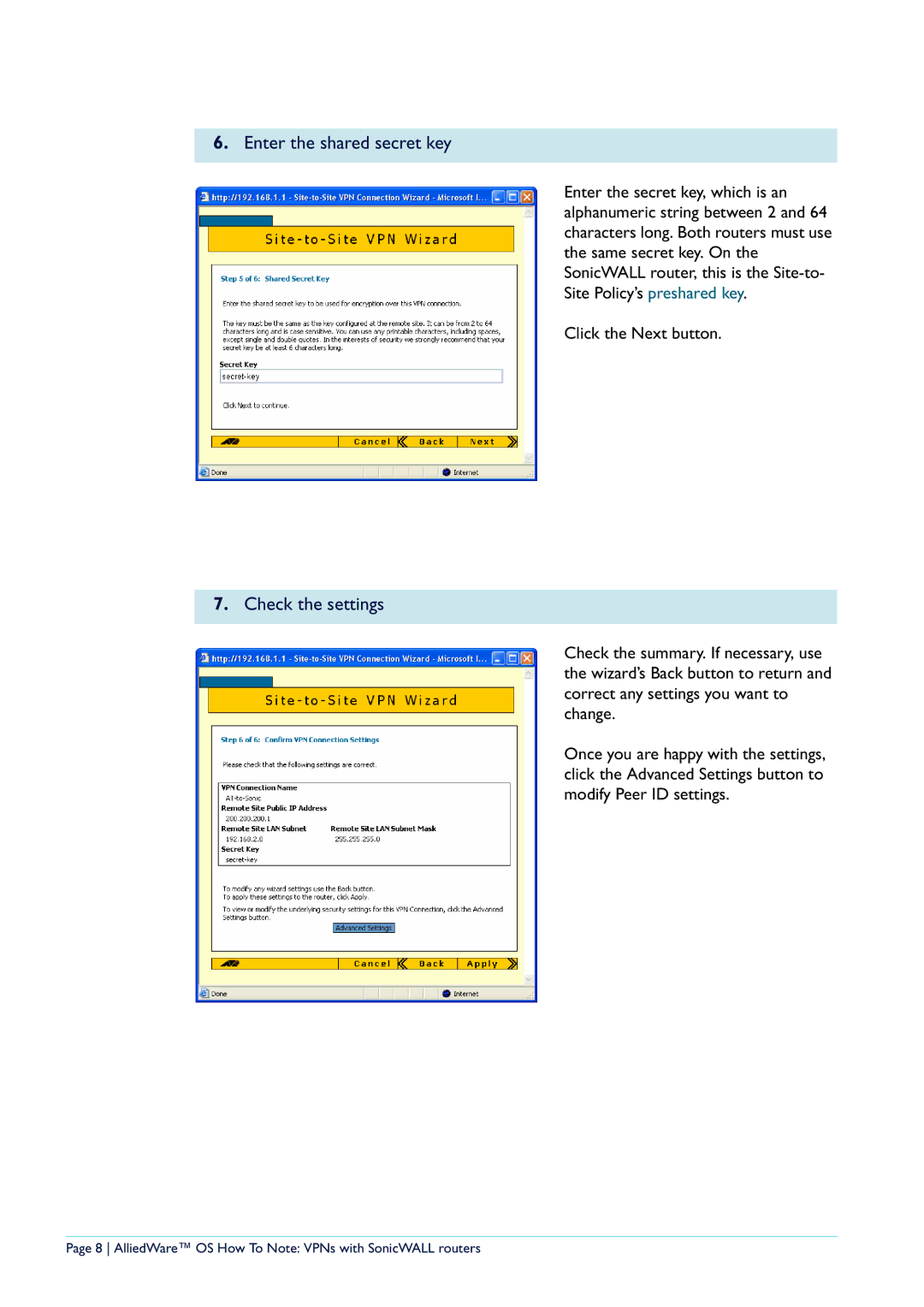 Allied Telesis NetScreen Routers manual Enter the shared secret key, Check the settings 