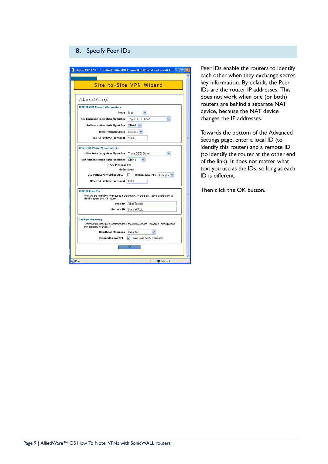 Allied Telesis NetScreen Routers manual Specify Peer IDs 