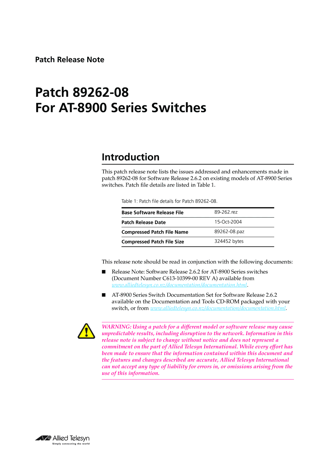 Allied Telesis Patch 89262-08 manual Patch For AT-8900 Series Switches, Introduction 