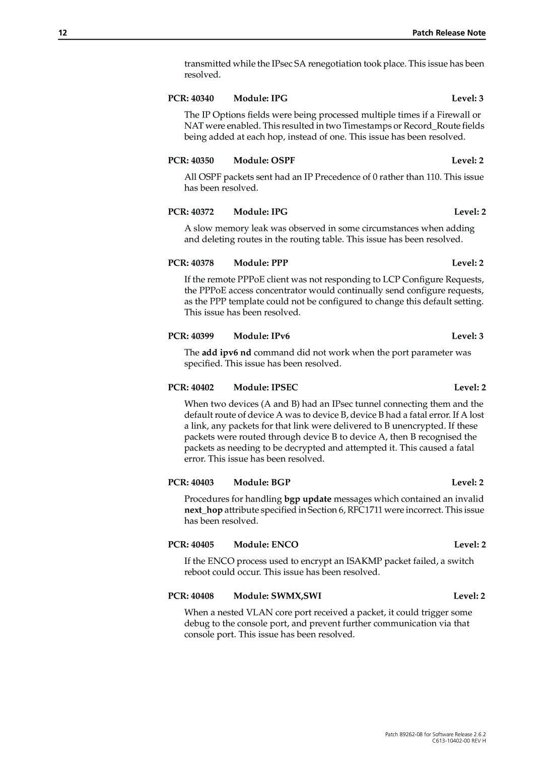 Allied Telesis Patch 89262-08 manual PCR Module PPP Level, PCR Module IPv6 Level, PCR 40405 Module Enco Level 