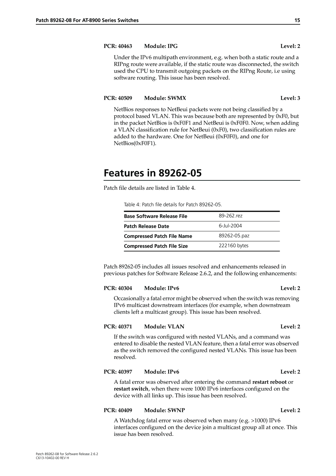 Allied Telesis Patch 89262-08 manual PCR 40509 Module Swmx Level, PCR 40371 Module Vlan Level, PCR 40409 Module Swnp Level 