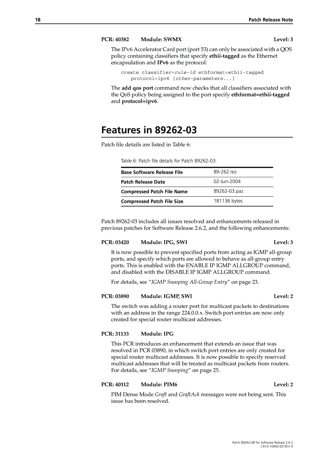 Allied Telesis Patch 89262-08 manual PCR 40382 Module Swmx Level, PCR Module IPG, SWI Level, PCR Module IGMP, SWI Level 