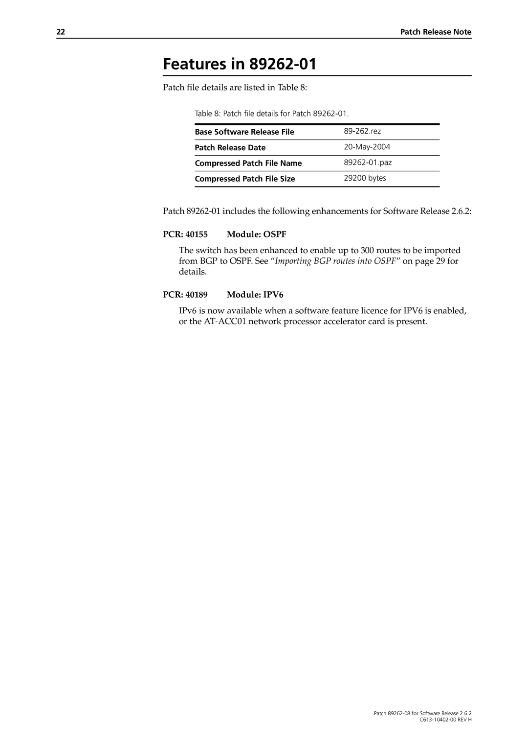 Allied Telesis Patch 89262-08 manual PCR Module Ospf, PCR Module IPV6 