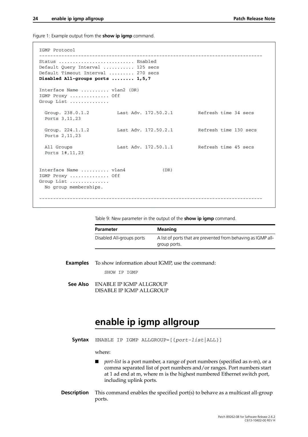 Allied Telesis Patch 89262-08 manual Enable ip igmp allgroup 