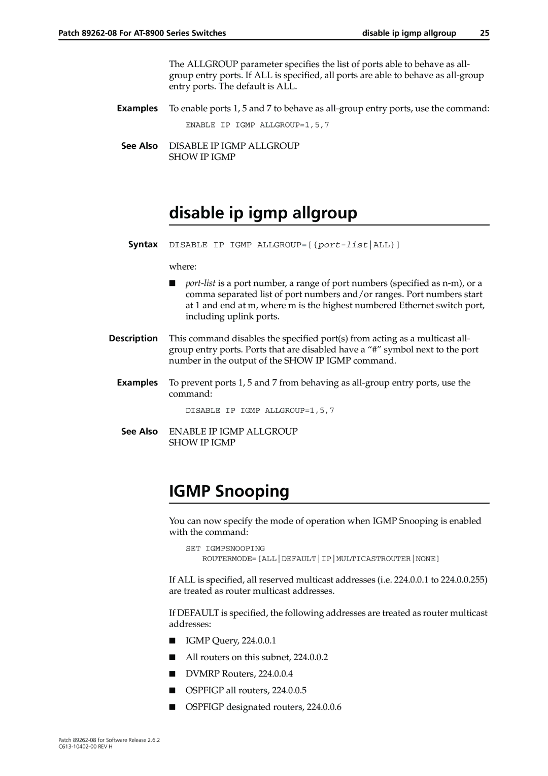 Allied Telesis Patch 89262-08 manual Disable ip igmp allgroup, Igmp Snooping 