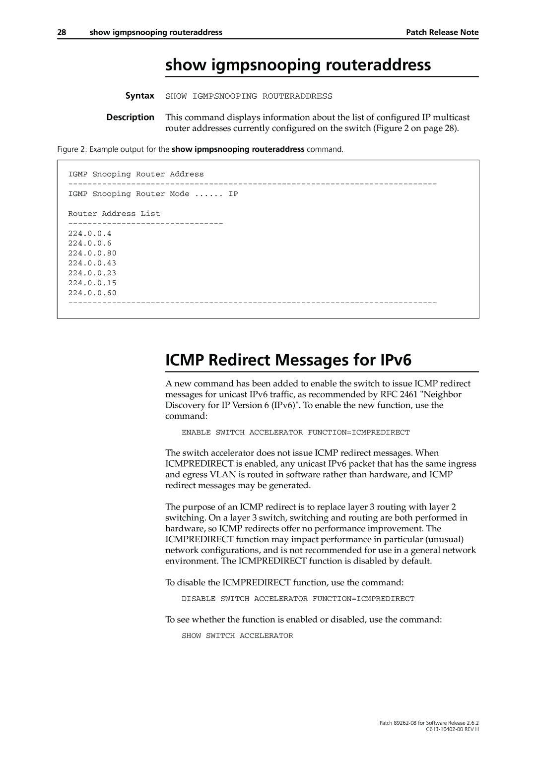 Allied Telesis Patch 89262-08 manual Show igmpsnooping routeraddress, Icmp Redirect Messages for IPv6 