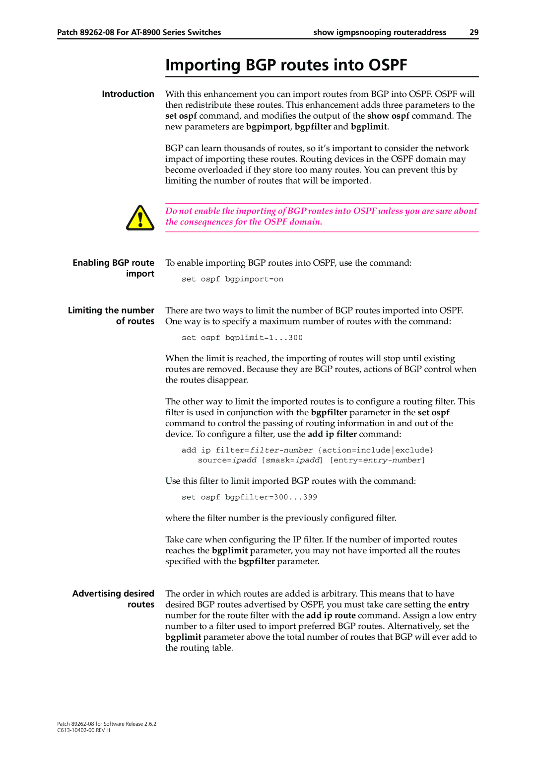 Allied Telesis Patch 89262-08 manual Importing BGP routes into Ospf 
