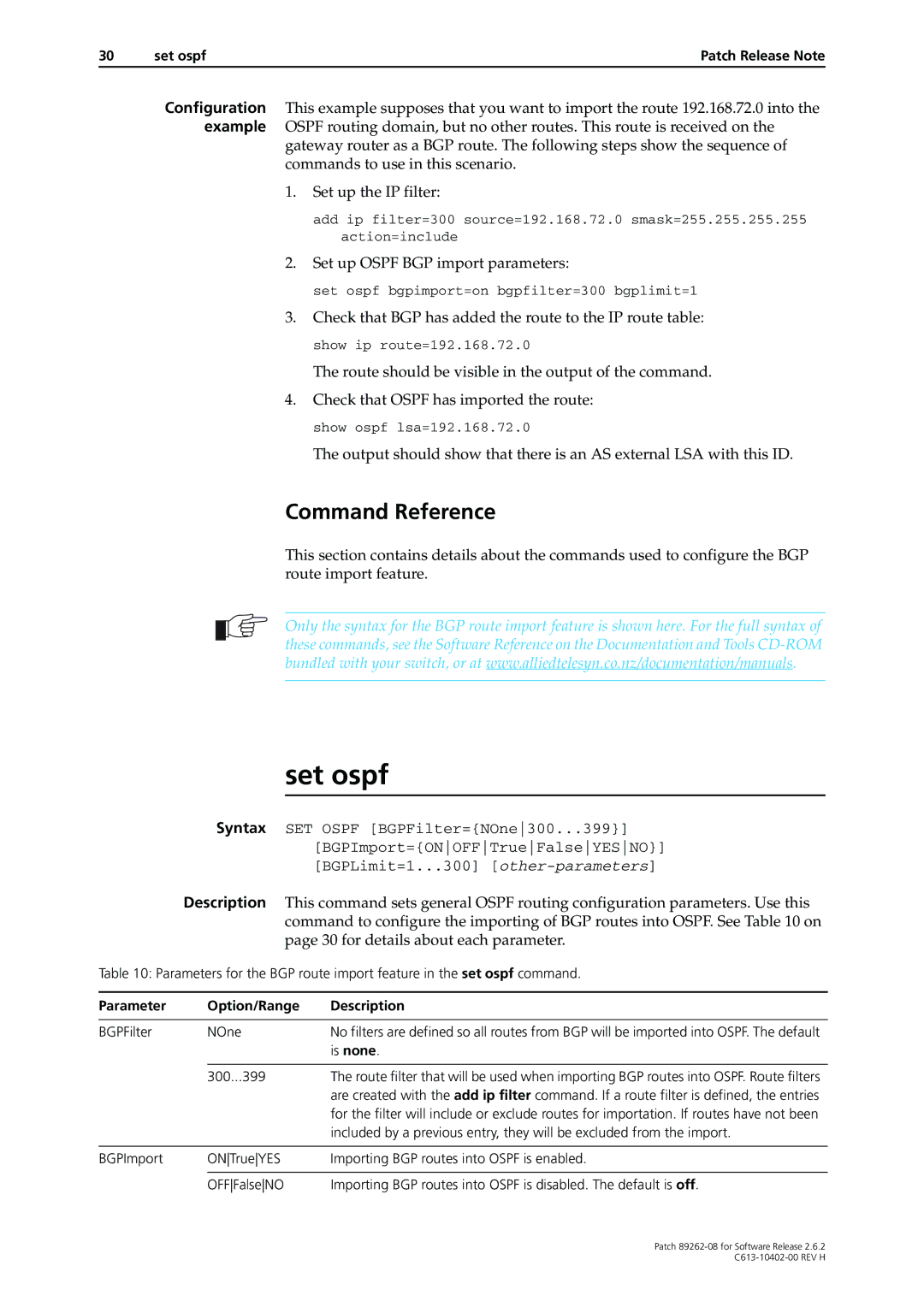 Allied Telesis Patch 89262-08 manual Set ospf, Parameter Option/Range Description 