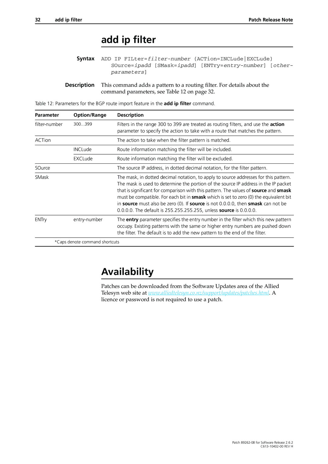 Allied Telesis Patch 89262-08 manual Add ip filter, Availability 