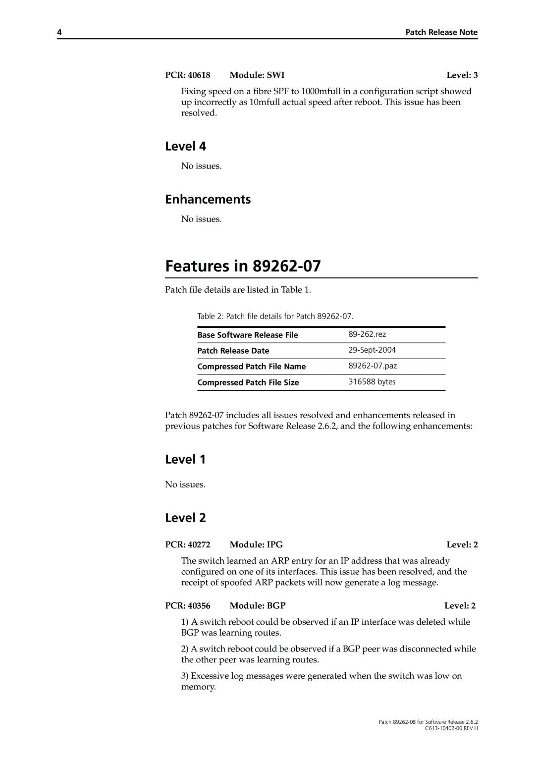 Allied Telesis Patch 89262-08 manual Patch file details are listed in Table, PCR Module BGP Level 