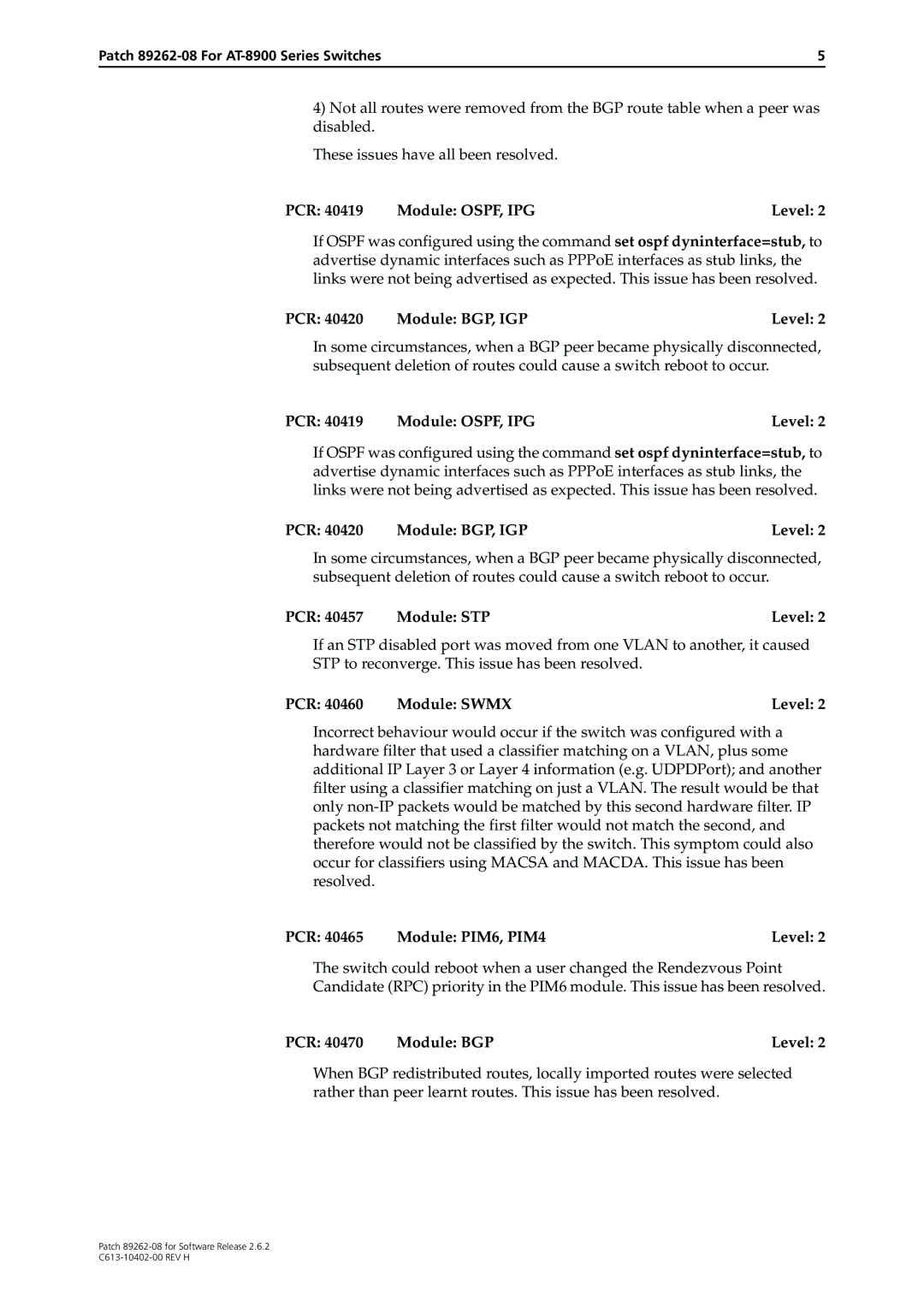 Allied Telesis Patch 89262-08 manual PCR Module OSPF, IPG Level, PCR Module BGP, IGP Level, PCR Module STP Level 