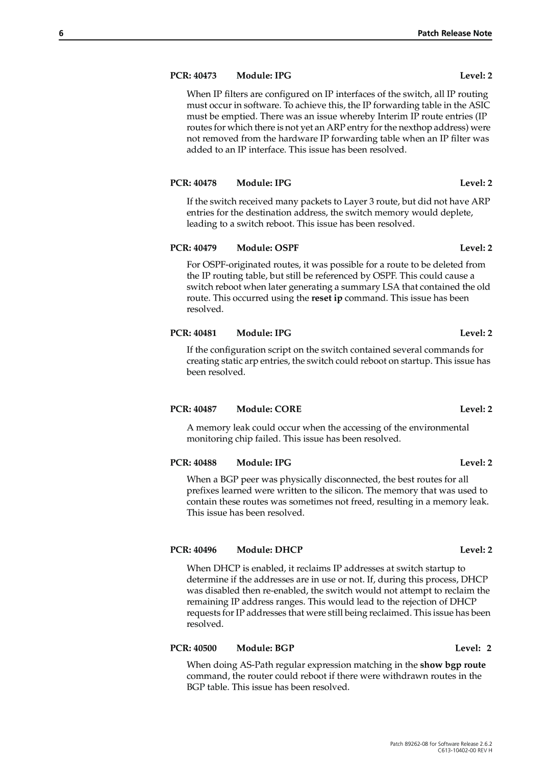 Allied Telesis Patch 89262-08 manual PCR Module Ospf Level, PCR 40487 Module Core Level, PCR 40496 Module Dhcp Level 