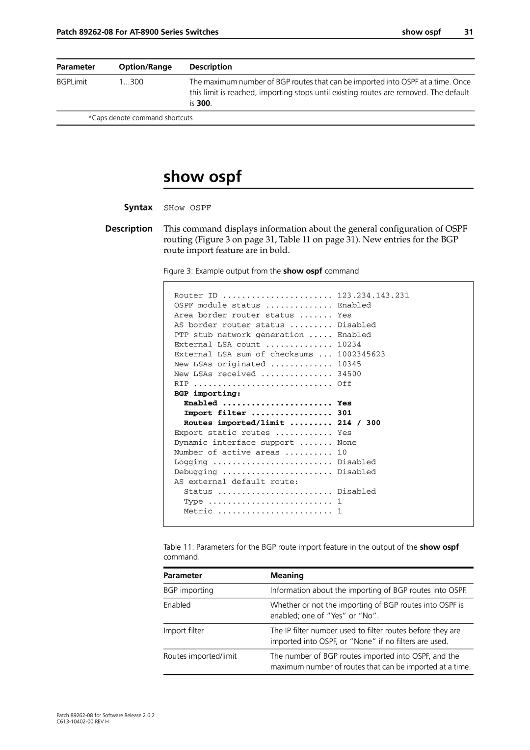 Allied Telesis manual show ospf, Syntax SHow OSPF, Patch 89262-08 For AT-8900 Series Switches, Parameter, Option/Range 