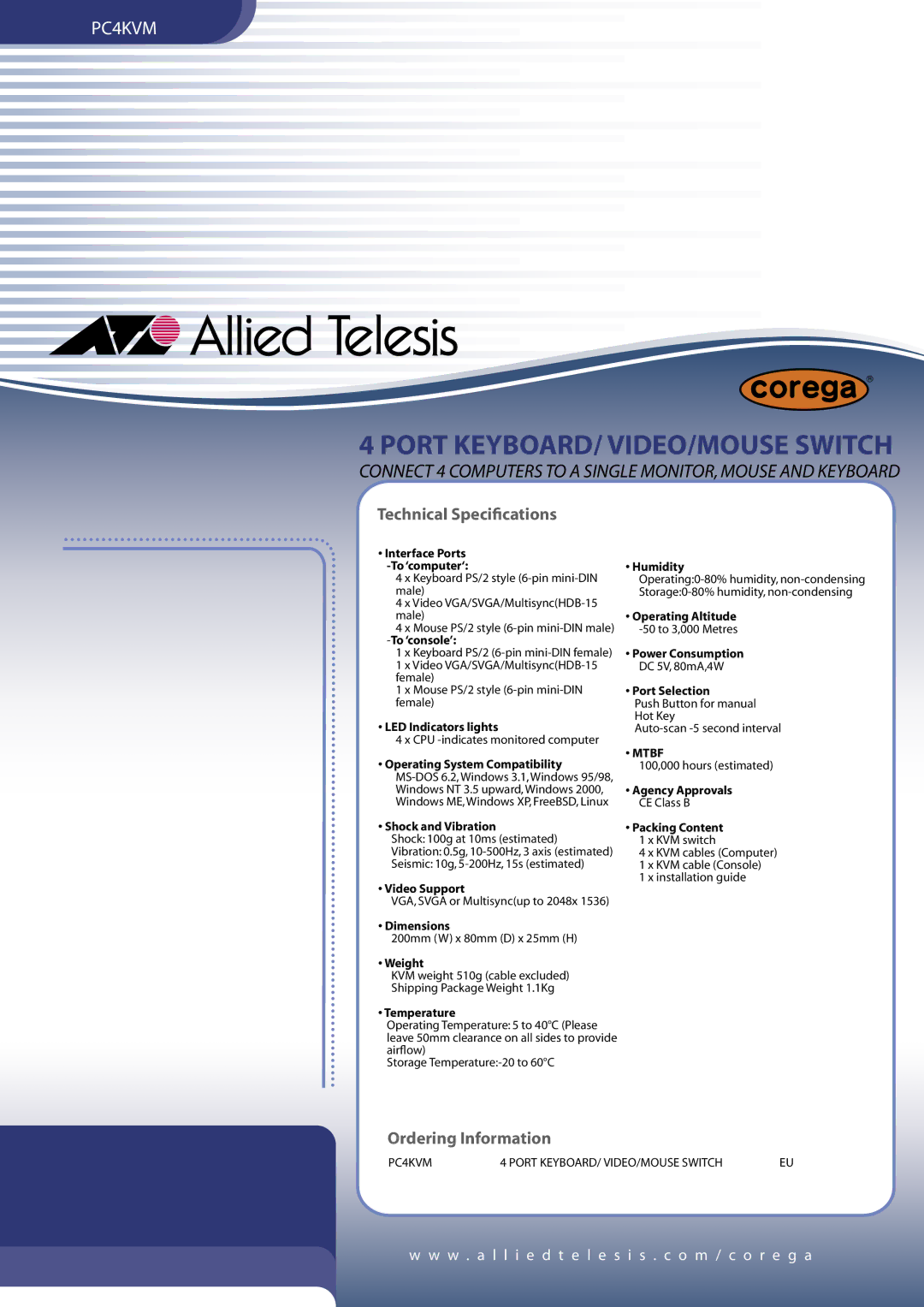 Allied Telesis PC4KVM manual Technical Speciﬁcations, Ordering Information 