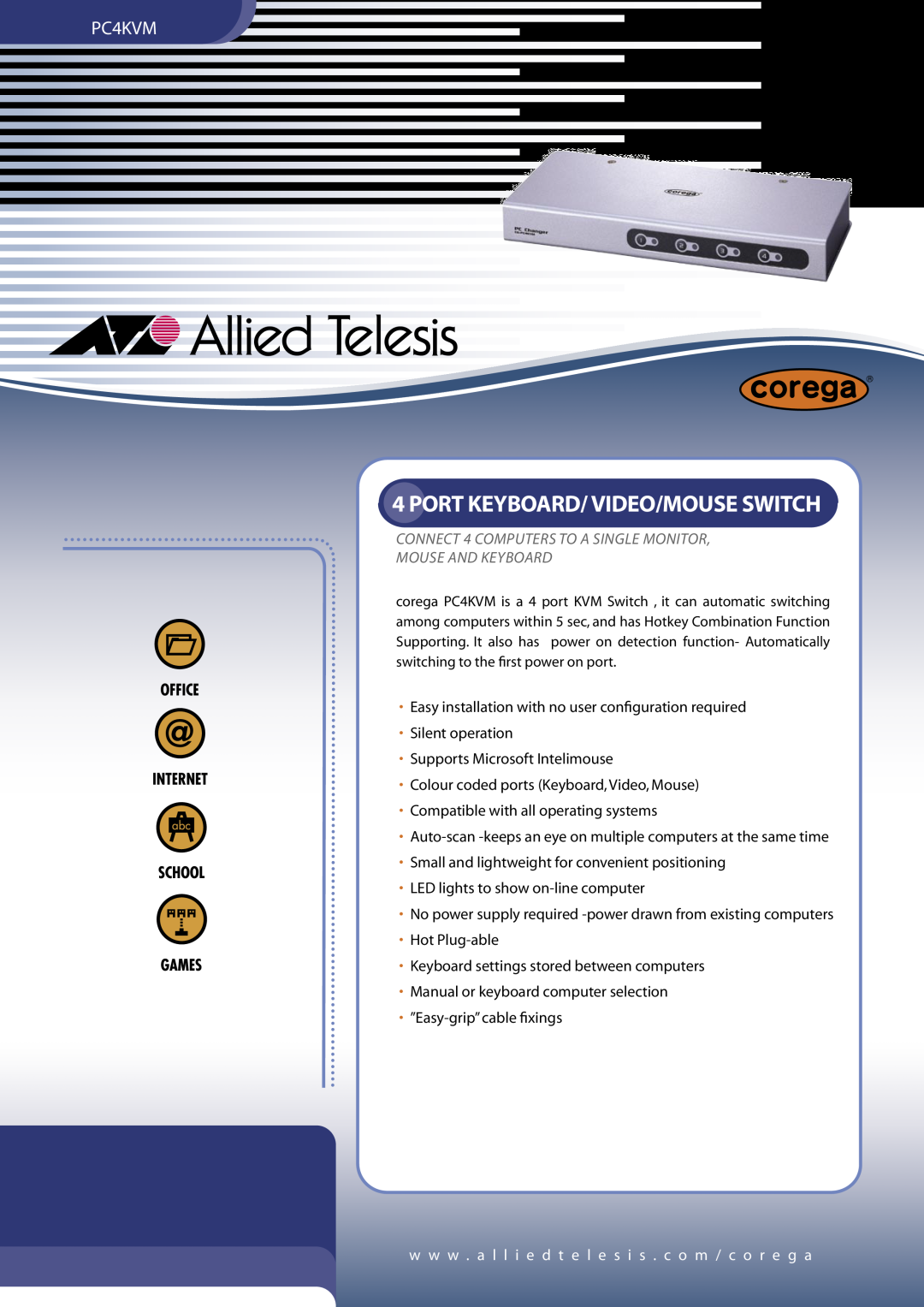 Allied Telesis PC4KVM manual w w w . a l l i e d t e l e s i s . c o m / c o r e g a, Port Keyboard/ Video/Mouse Switch 