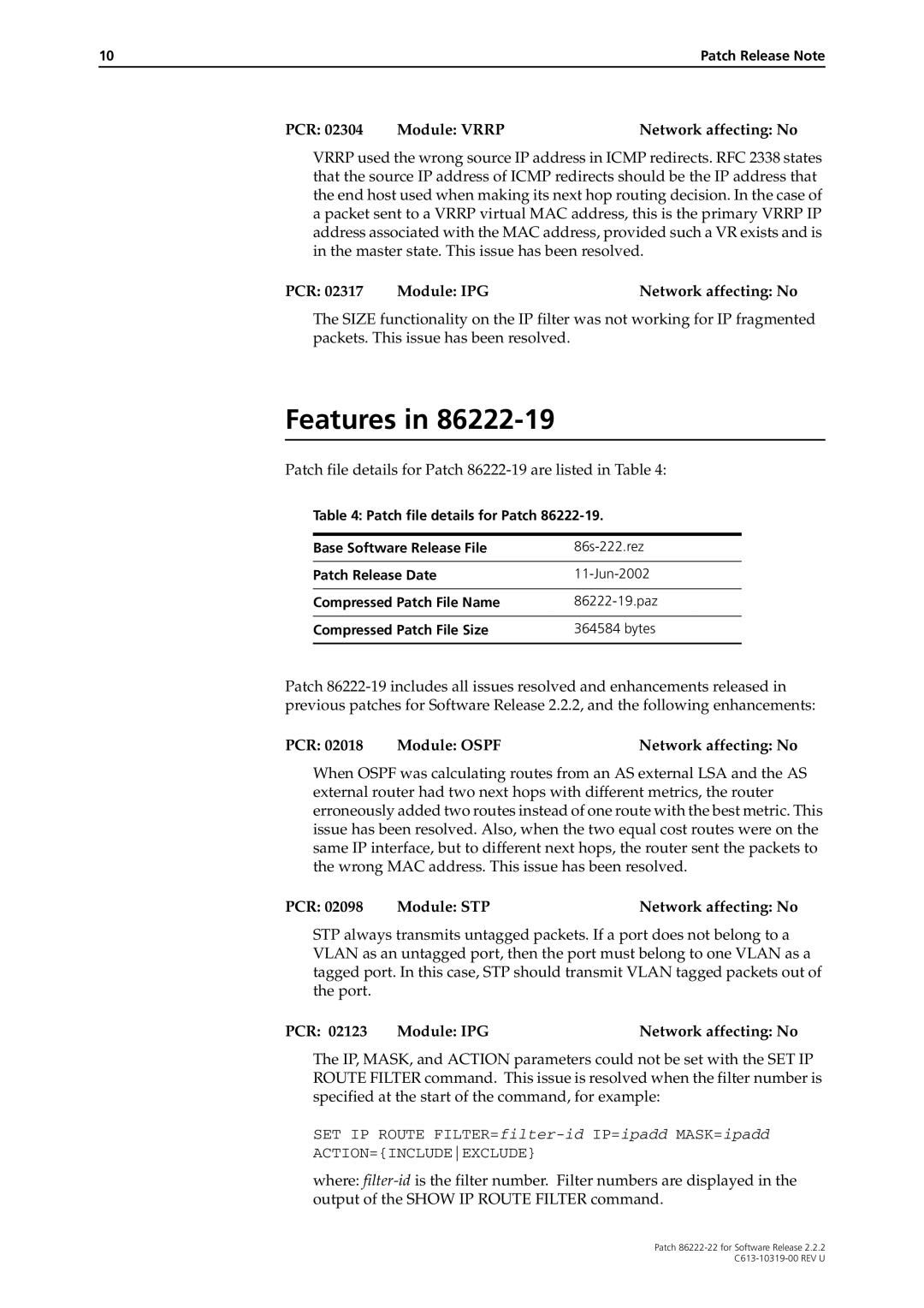 Allied Telesis R800 Series Patch file details for Patch 86222-19 are listed in Table, PCR Module STP Network affecting No 