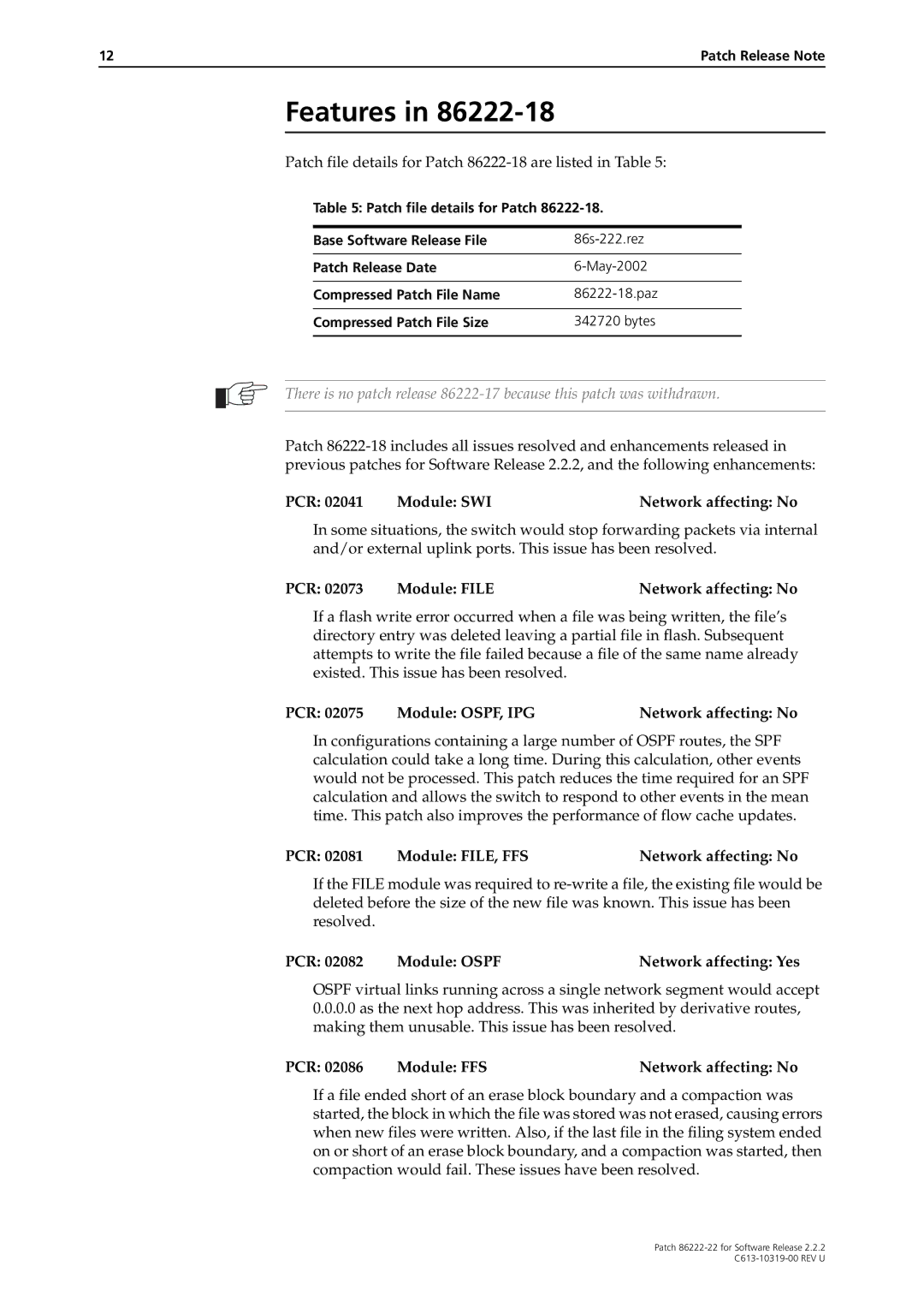 Allied Telesis R800 Series Patch file details for Patch 86222-18 are listed in Table, PCR Module FFS Network affecting No 