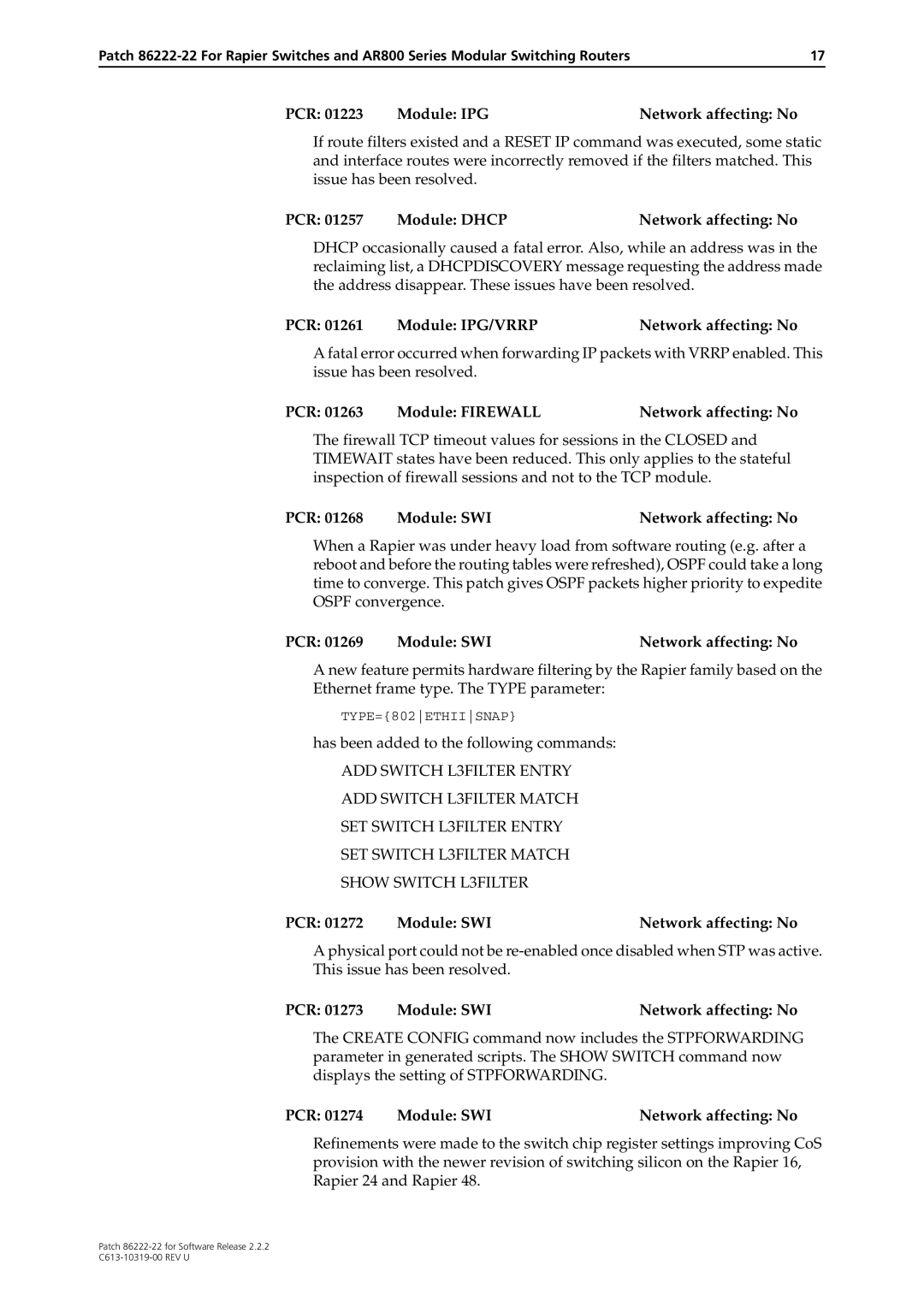 Allied Telesis R800 Series manual PCR 01257 Module Dhcp Network affecting No, PCR Module IPG/VRRP Network affecting No 