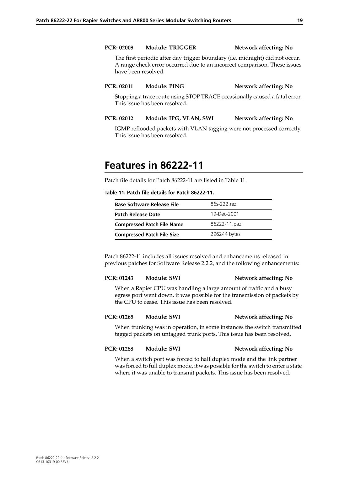 Allied Telesis R800 Series manual PCR Module Trigger Network affecting No, PCR Module IPG, VLAN, SWI Network affecting No 