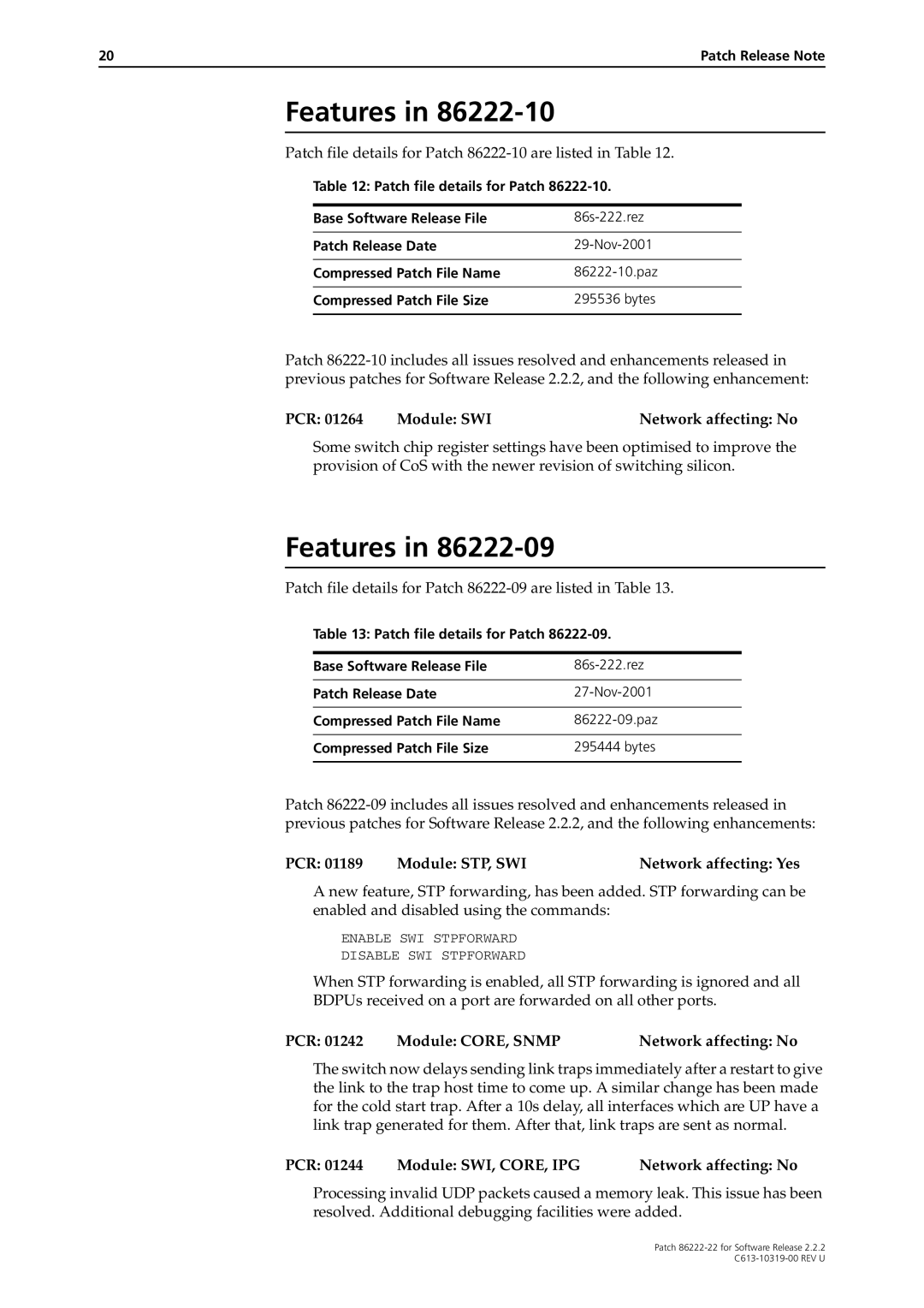 Allied Telesis R800 Series manual Patch file details for Patch 86222-10 are listed in Table 