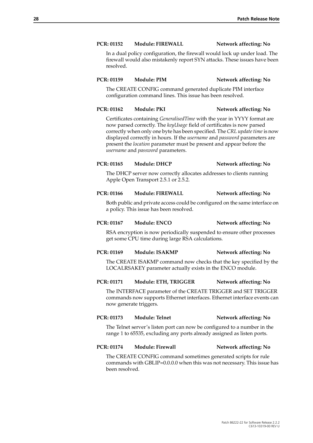 Allied Telesis R800 Series manual PCR 01165 Module Dhcp Network affecting No, PCR 01167 Module Enco Network affecting No 