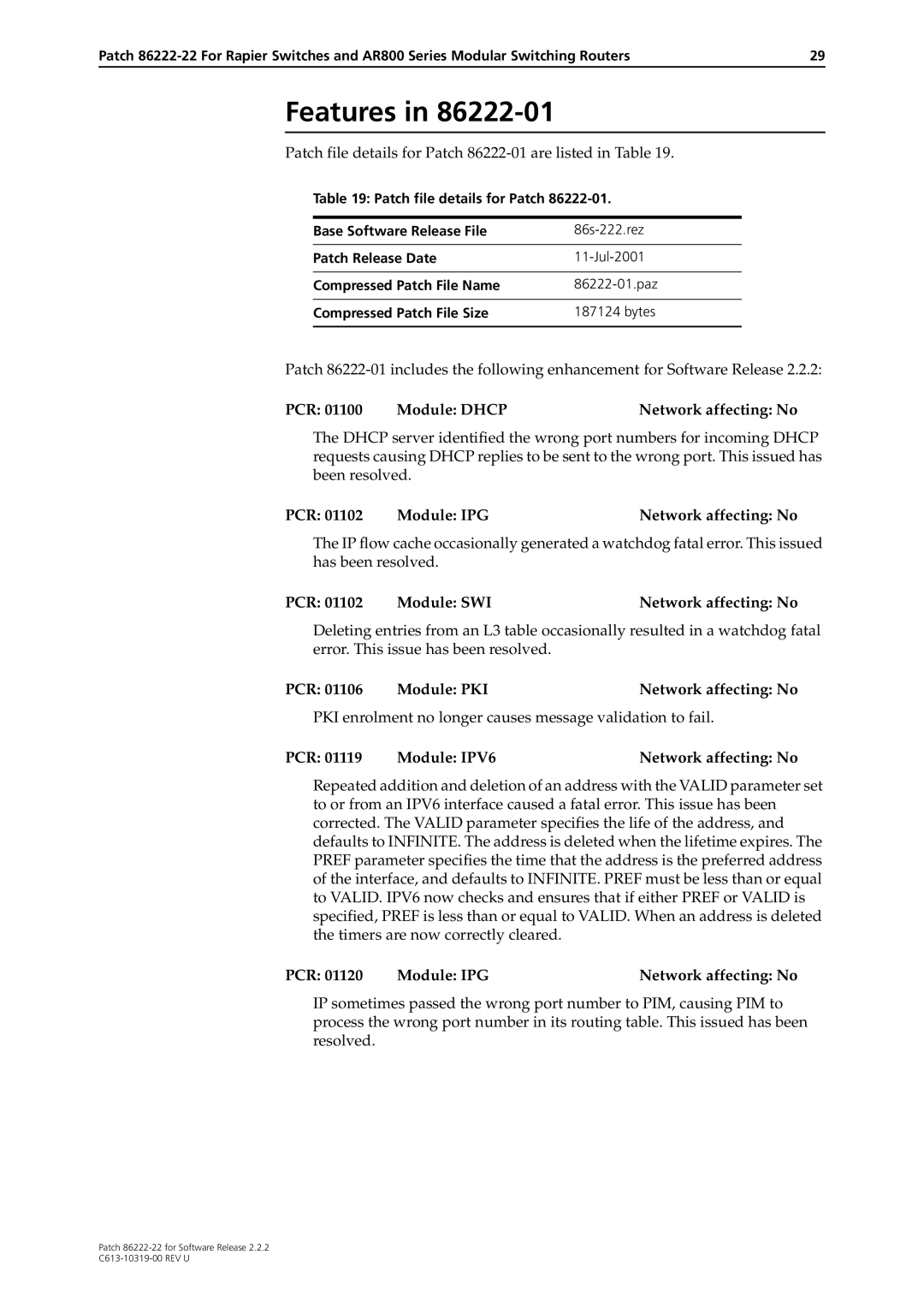 Allied Telesis R800 Series manual Patch file details for Patch 86222-01 are listed in Table 