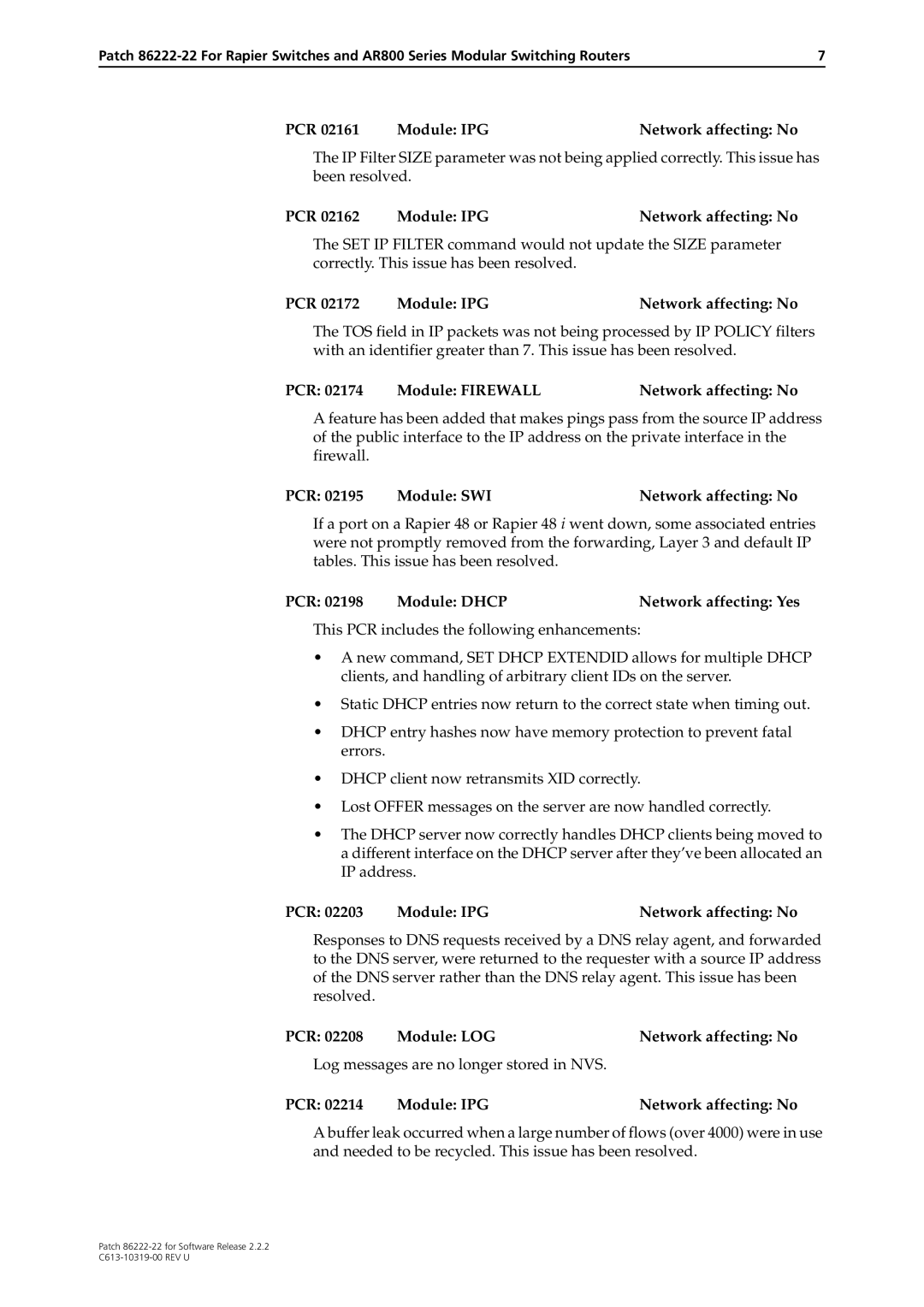 Allied Telesis R800 Series manual PCR 02198 Module Dhcp Network affecting Yes, PCR Module LOG Network affecting No 