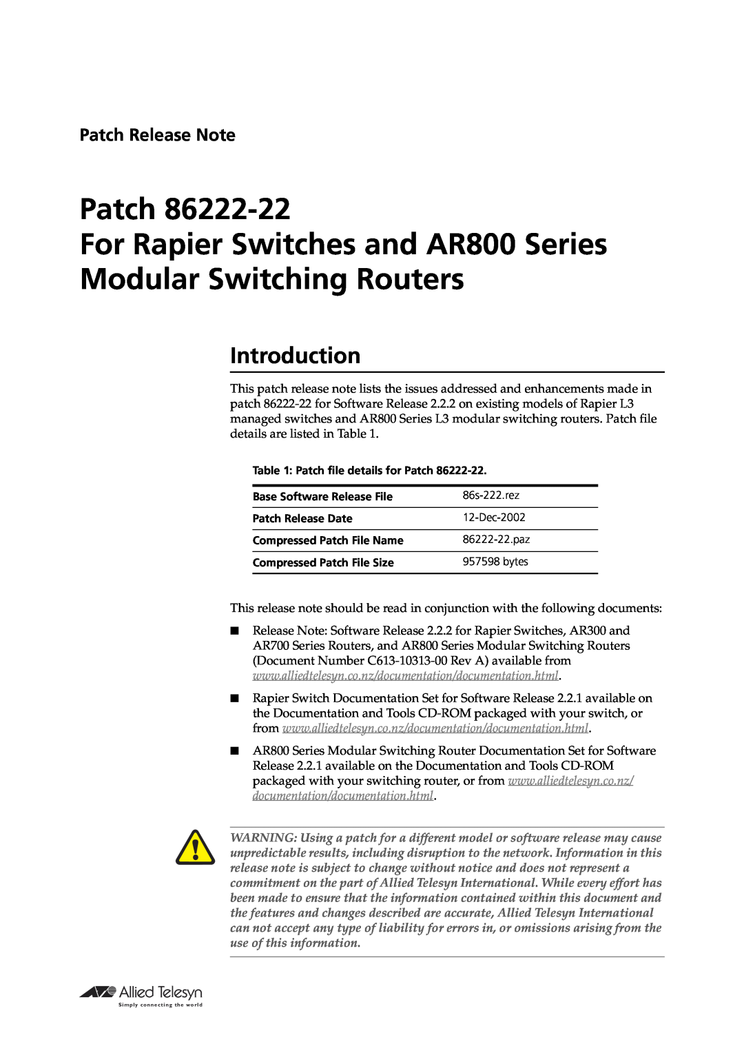 Allied Telesis manual Introduction, Patch For Rapier Switches and AR800 Series Modular Switching Routers 