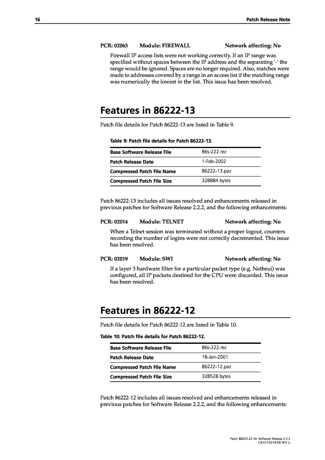 Allied Telesis R800 Series manual Features in, Patch file details for Patch 86222-13 are listed in Table 