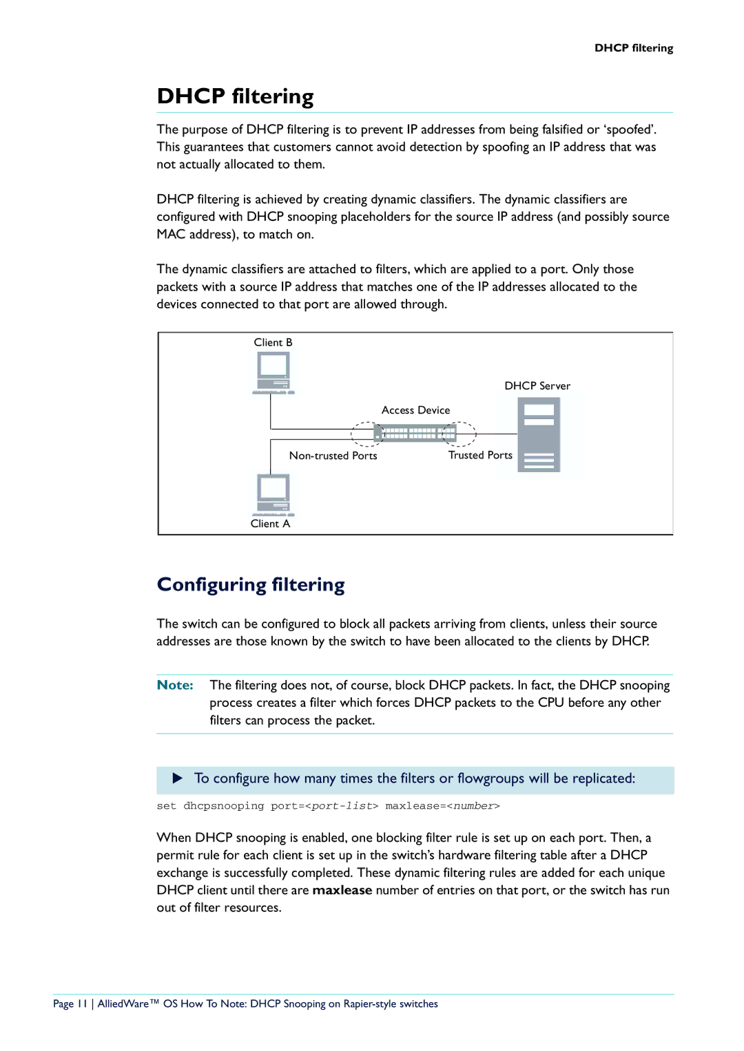 Allied Telesis AT-8700XL Series, Rapier i Series, AT-8600 Series manual Dhcp filtering, Configuring filtering 