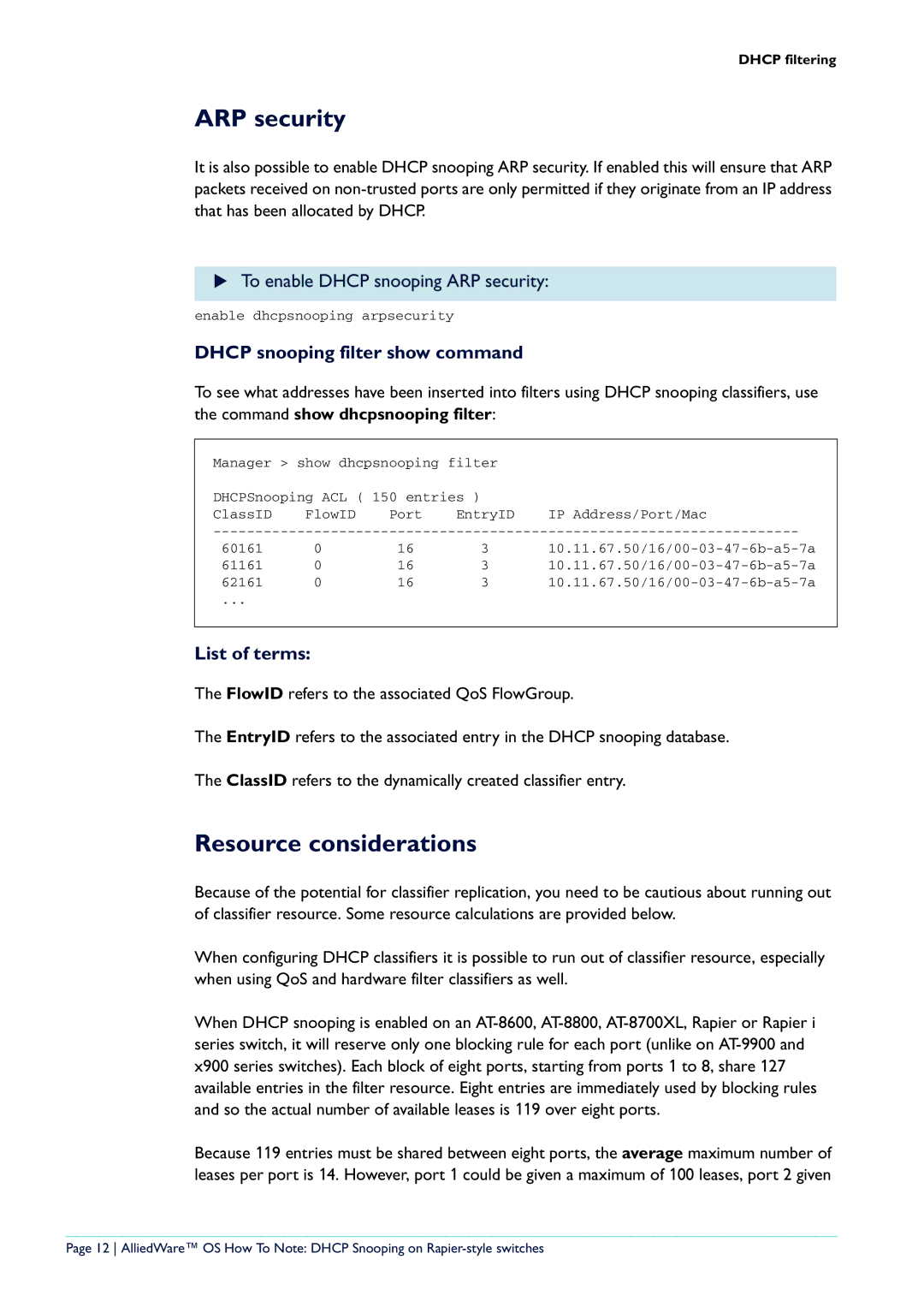 Allied Telesis Rapier i Series, AT-8600 Series manual Resource considerations, To enable Dhcp snooping ARP security 