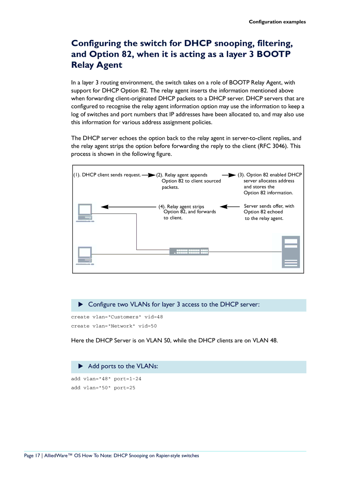 Allied Telesis AT-8700XL Series manual Configure two VLANs for layer 3 access to the Dhcp server, Add ports to the VLANs 