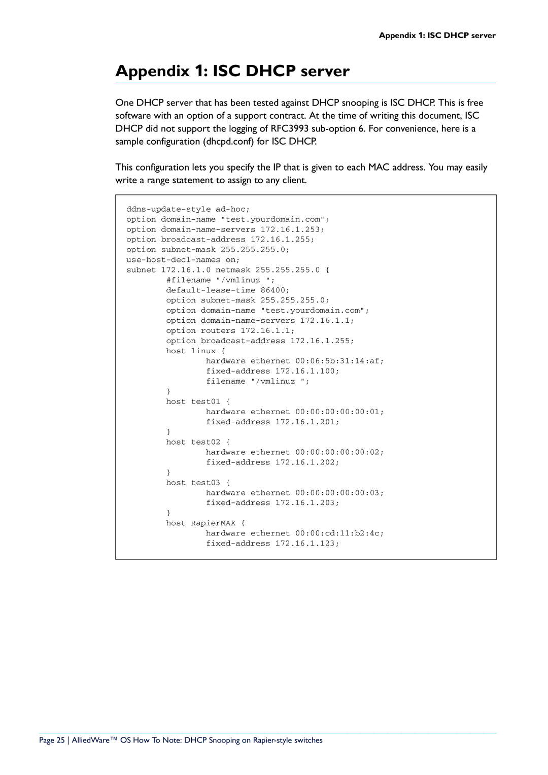 Allied Telesis AT-8600 Series, Rapier i Series, AT-8700XL Series manual Appendix 1 ISC Dhcp server 