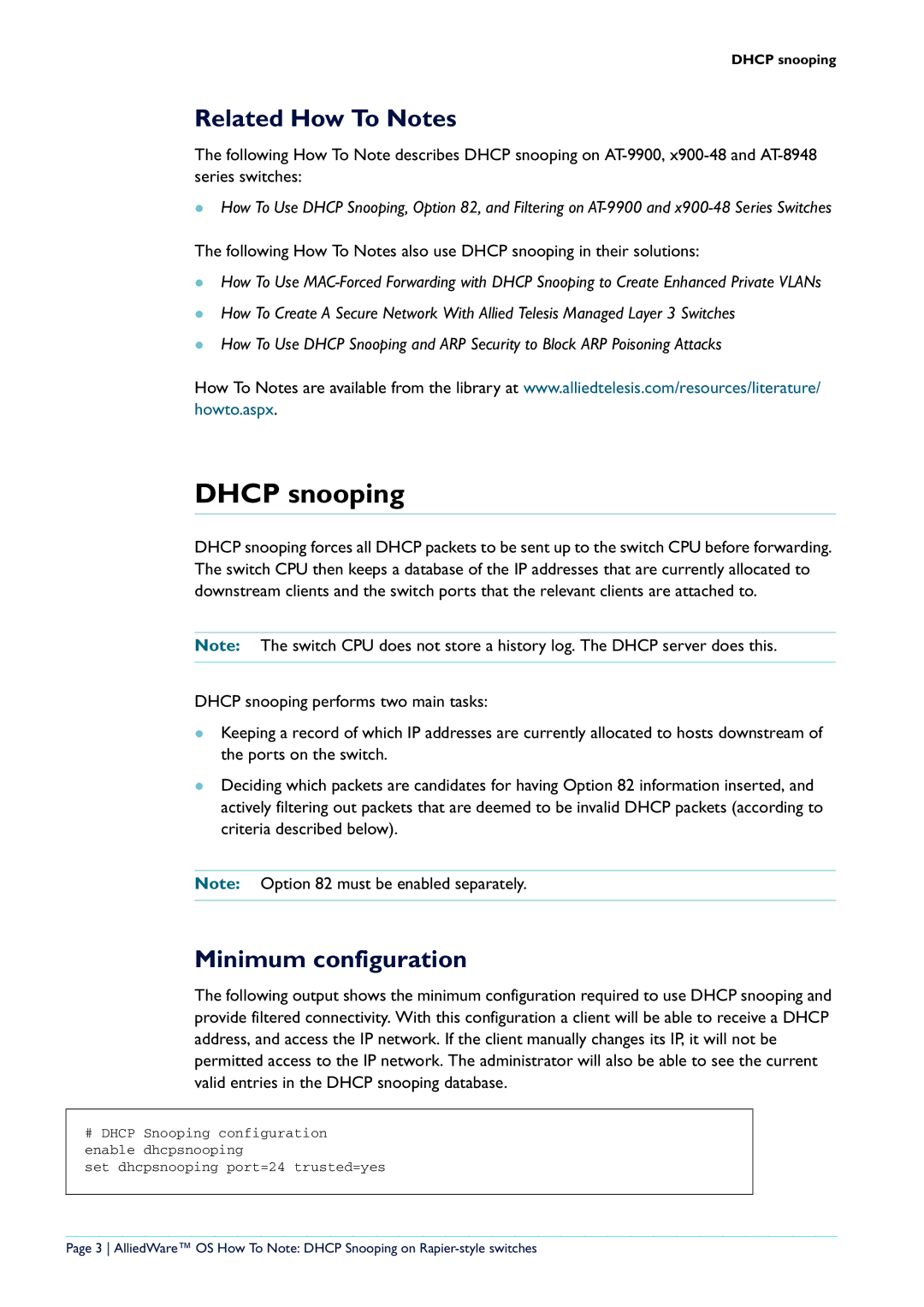 Allied Telesis Rapier i Series, AT-8600 Series, AT-8700XL Series Dhcp snooping, Related How To Notes, Minimum configuration 