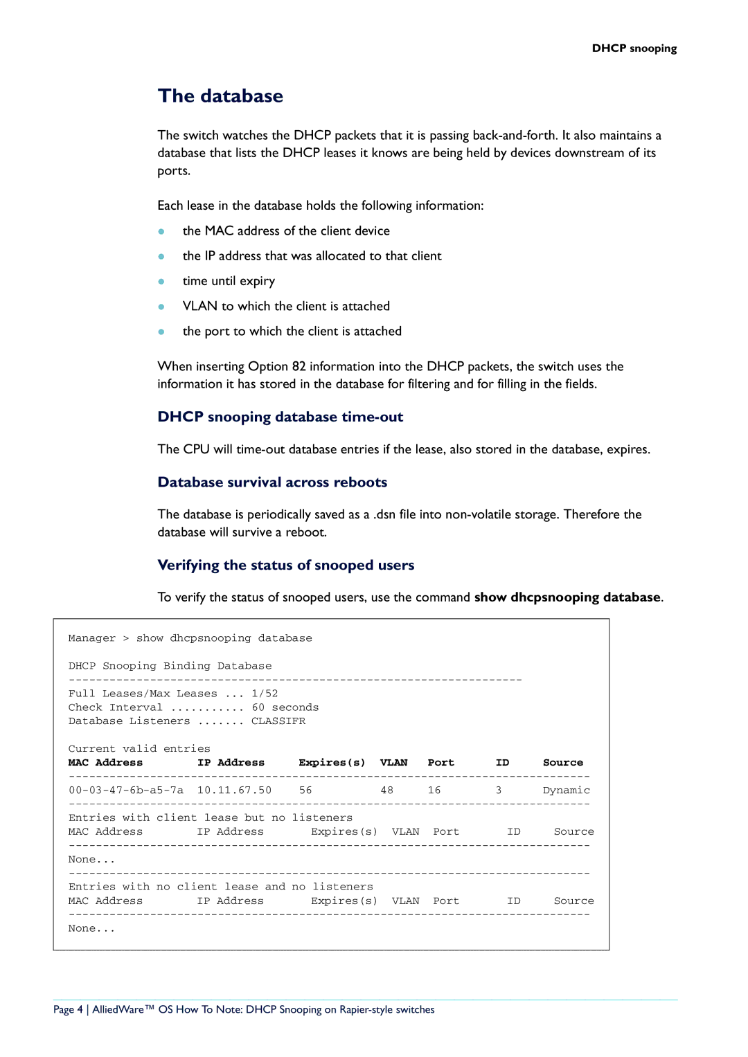 Allied Telesis AT-8600 Series, Rapier i Series manual Dhcp snooping database time-out, Database survival across reboots 